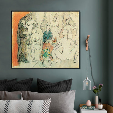 INVIN ART Framed Canvas Giclee Print Art 1907 Les Demoiselles D'avignon - Esquisse Pour by Pablo Picasso Wall Art Living Room Home Office Decorations