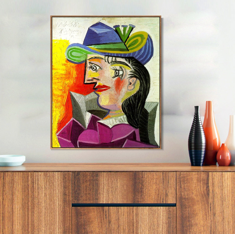 INVIN ART Framed Canvas Giclee Print Art 1938 Femme au chapeau bleu by Pablo Picasso Wall Art Living Room Home Office Decorations