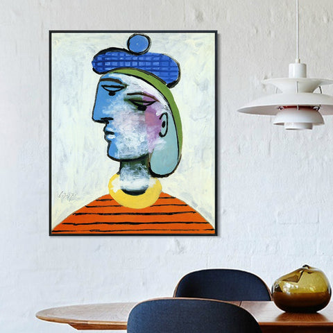 INVIN ART Framed Canvas Giclee Print Art 1937 Woman's portrait in blue hat by Pablo Picasso Wall Art Living Room Home Office Decorations