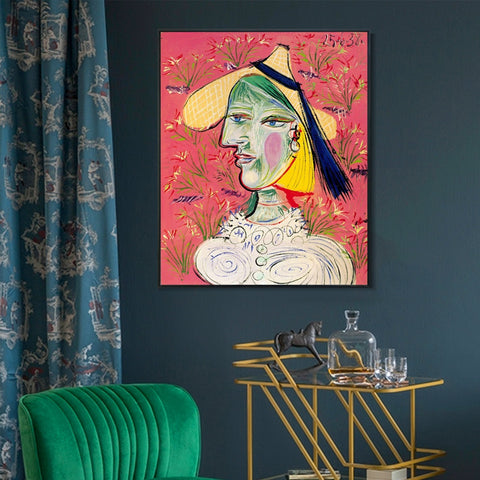 INVIN ART Framed Canvas Giclee Print Art 1938 Femme au chapeau de paille sur fond fleuri by Pablo Picasso Wall Art Living Room Home Office Decorations