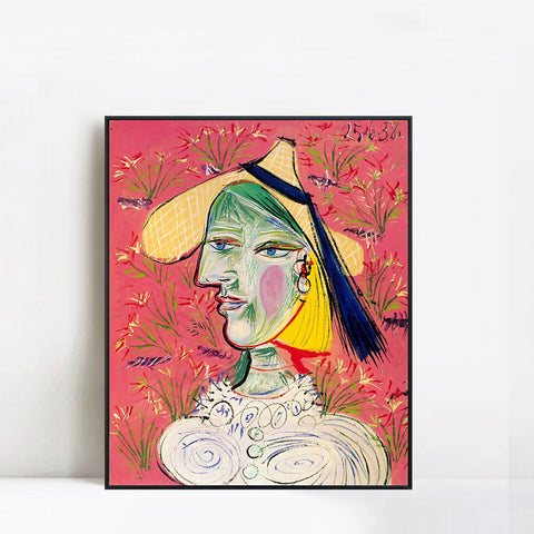 INVIN ART Framed Canvas Giclee Print Art 1938 Femme au chapeau de paille sur fond fleuri by Pablo Picasso Wall Art Living Room Home Office Decorations