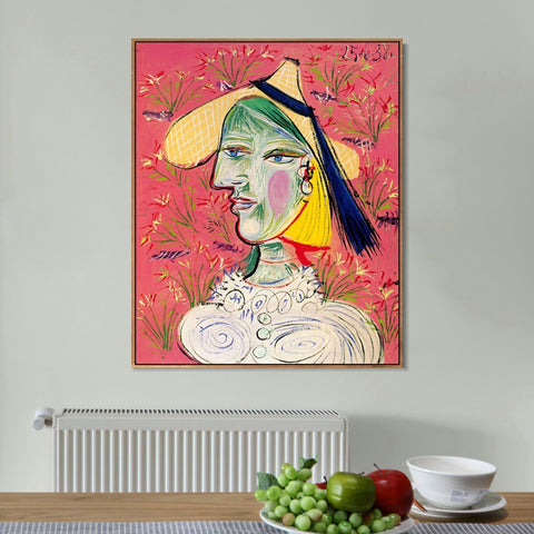 INVIN ART Framed Canvas Giclee Print Art 1938 Femme au chapeau de paille sur fond fleuri by Pablo Picasso Wall Art Living Room Home Office Decorations