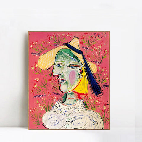 INVIN ART Framed Canvas Giclee Print Art 1938 Femme au chapeau de paille sur fond fleuri by Pablo Picasso Wall Art Living Room Home Office Decorations