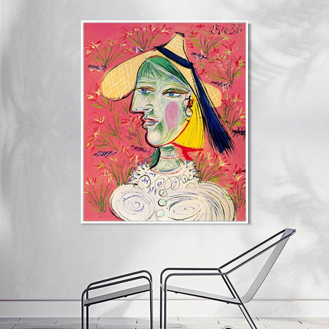 INVIN ART Framed Canvas Giclee Print Art 1938 Femme au chapeau de paille sur fond fleuri by Pablo Picasso Wall Art Living Room Home Office Decorations