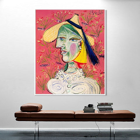 INVIN ART Framed Canvas Giclee Print Art 1938 Femme au chapeau de paille sur fond fleuri by Pablo Picasso Wall Art Living Room Home Office Decorations