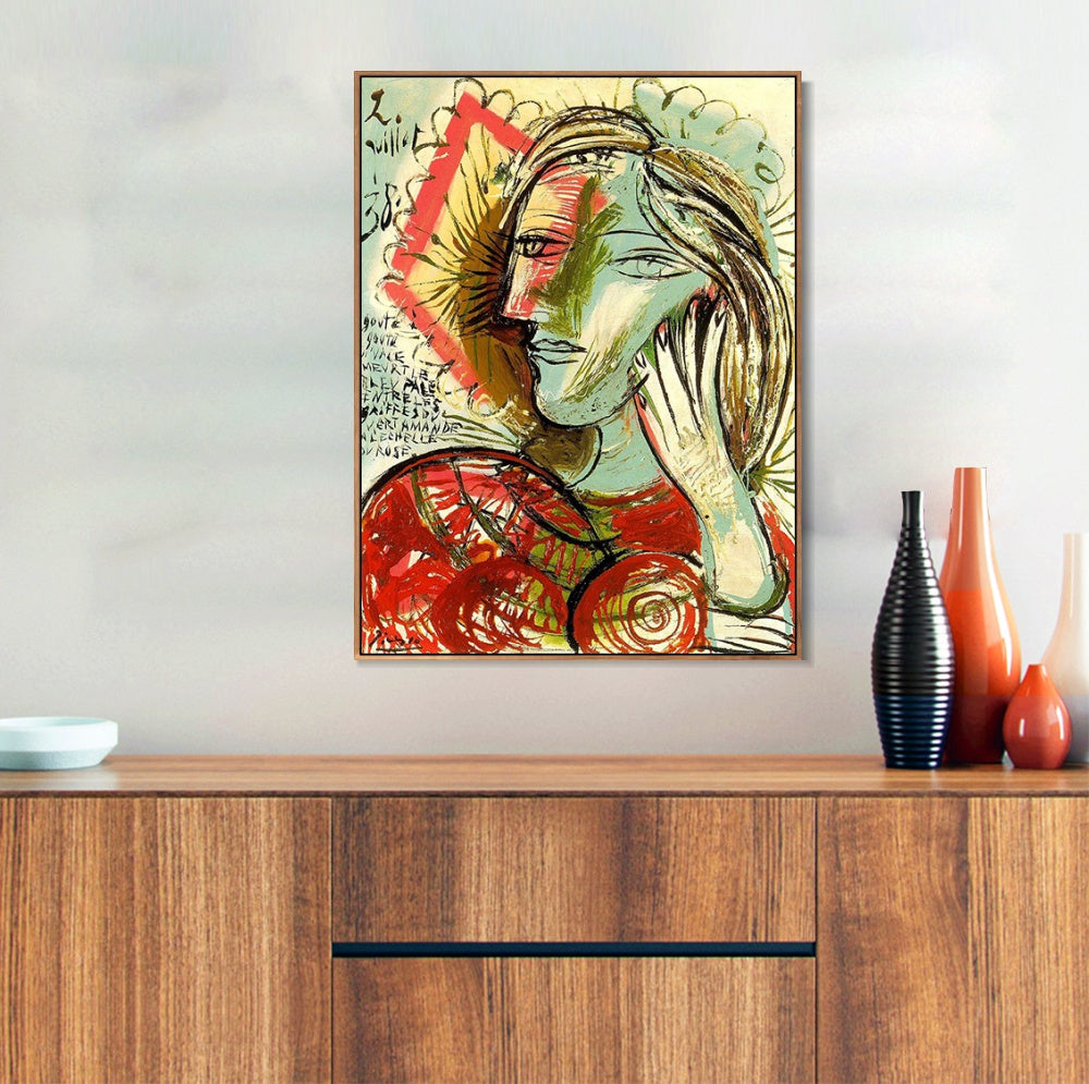INVIN ART Framed Canvas Giclee Print Art Tete de Jeune Fille au Poeme 1938 by Pablo Picasso Wall Art Living Room Home Office Decorations