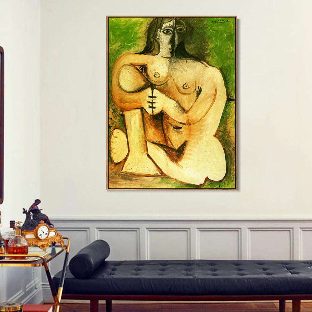 INVIN ART Framed Canvas Giclee Print Art 1960 Femme nue accroupie sur fond vert by Pablo Picasso Wall Art Living Room Home Office Decorations