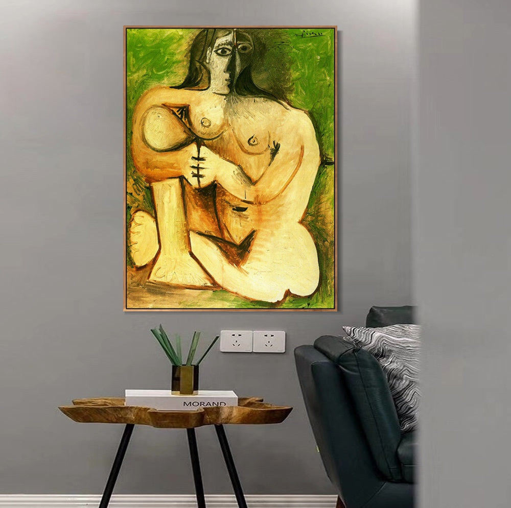 INVIN ART Framed Canvas Giclee Print Art 1960 Femme nue accroupie sur fond vert by Pablo Picasso Wall Art Living Room Home Office Decorations