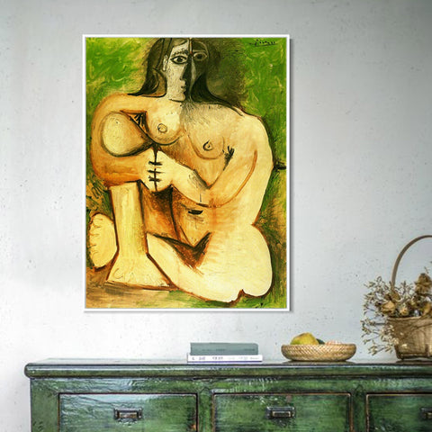 INVIN ART Framed Canvas Giclee Print Art 1960 Femme nue accroupie sur fond vert by Pablo Picasso Wall Art Living Room Home Office Decorations