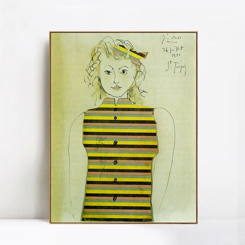 INVIN ART Framed Canvas Giclee Print Art Genevieve on striped jacquette, 1951 by Pablo Picasso Wall Art Living Room Home Office Decorations