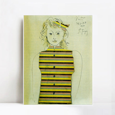 INVIN ART Framed Canvas Giclee Print Art Genevieve on striped jacquette, 1951 by Pablo Picasso Wall Art Living Room Home Office Decorations