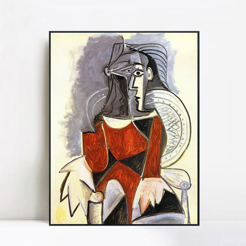 INVIN ART Framed Canvas Giclee Print Art 1960 Femme assise de face, en brun, au fauteuil d'osier by Pablo Picasso Wall Art Living Room Home Office Decorations