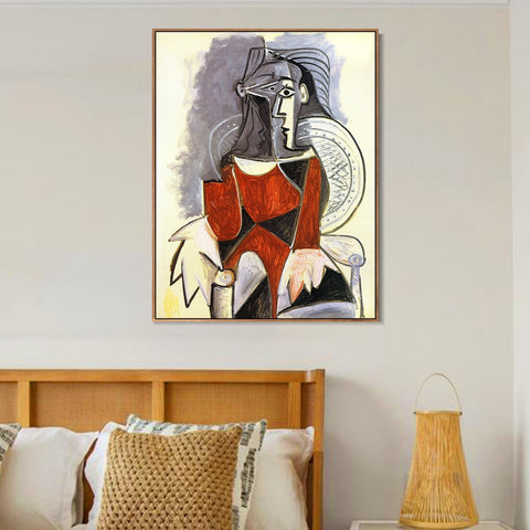 INVIN ART Framed Canvas Giclee Print Art 1960 Femme assise de face, en brun, au fauteuil d'osier by Pablo Picasso Wall Art Living Room Home Office Decorations