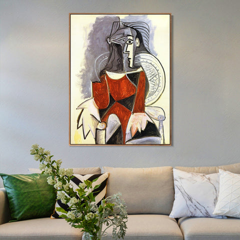 INVIN ART Framed Canvas Giclee Print Art 1960 Femme assise de face, en brun, au fauteuil d'osier by Pablo Picasso Wall Art Living Room Home Office Decorations