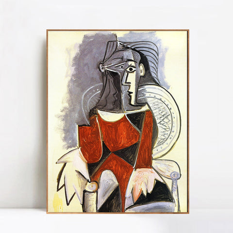INVIN ART Framed Canvas Giclee Print Art 1960 Femme assise de face, en brun, au fauteuil d'osier by Pablo Picasso Wall Art Living Room Home Office Decorations