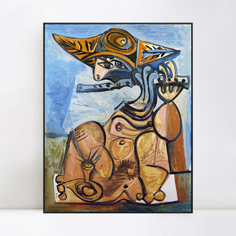 INVIN ART Framed Canvas Giclee Print Art 1971 La Flutiste[Homme assis jouant de la fluet] by Pablo Picasso Wall Art Living Room Home Office Decorations