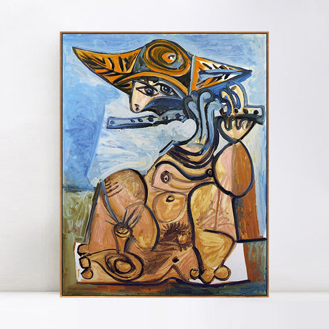 INVIN ART Framed Canvas Giclee Print Art 1971 La Flutiste[Homme assis jouant de la fluet] by Pablo Picasso Wall Art Living Room Home Office Decorations
