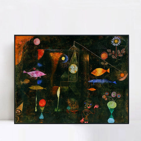 INVIN ART Framed Canvas Giclee Print Swiss Fish Magic by Paul Klee Wall Art Living Room Home Office Decorations