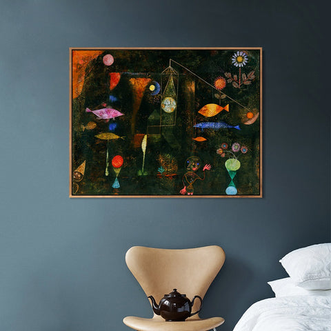 INVIN ART Framed Canvas Giclee Print Swiss Fish Magic by Paul Klee Wall Art Living Room Home Office Decorations