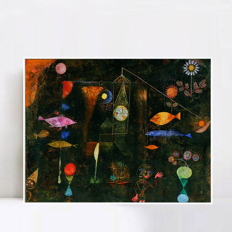 INVIN ART Framed Canvas Giclee Print Swiss Fish Magic by Paul Klee Wall Art Living Room Home Office Decorations