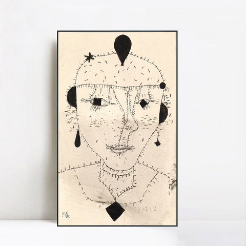 INVIN ART Framed Canvas Giclee Print Portrait Sketch of a Costumed Lady by Paul Klee Wall Art Living Room Home Office Decorations