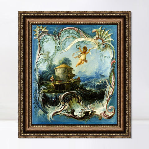 INVIN ART Framed Canvas Art Giclee Print A Pastoral Landscape Surmounted by Cupid by Francois Boucher Wall Art Living Room Home Office Decorations