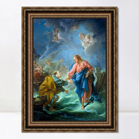 INVIN ART Framed Canvas Art Giclee Print St. Peter Walks on Water by Francois Boucher Wall Art Living Room Home Office Decorations