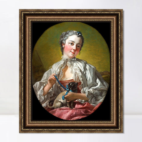 INVIN ART Framed Canvas Art Giclee Print A young lady holding a pug dog by Francois Boucher Wall Art Living Room Home Office Decorations