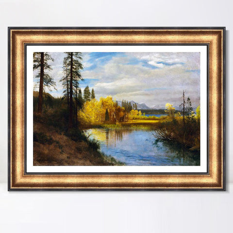 INVIN ART Framed Canvas Art Giclee Print River Quietly Flowing Among Trees and Shrubs by Albert Bierstadt Wall Art Living Room Home Office Decorations(European Retro Golden Frame with Linen Liner,20"x24")