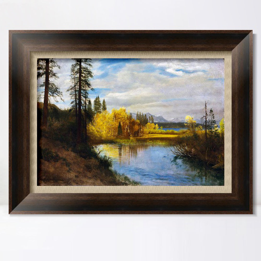 INVIN ART Framed Canvas Art Giclee Print River Quietly Flowing Among Trees and Shrubs by Albert Bierstadt Wall Art (European Retro Golden Frame with Linen Liner,20"x24")