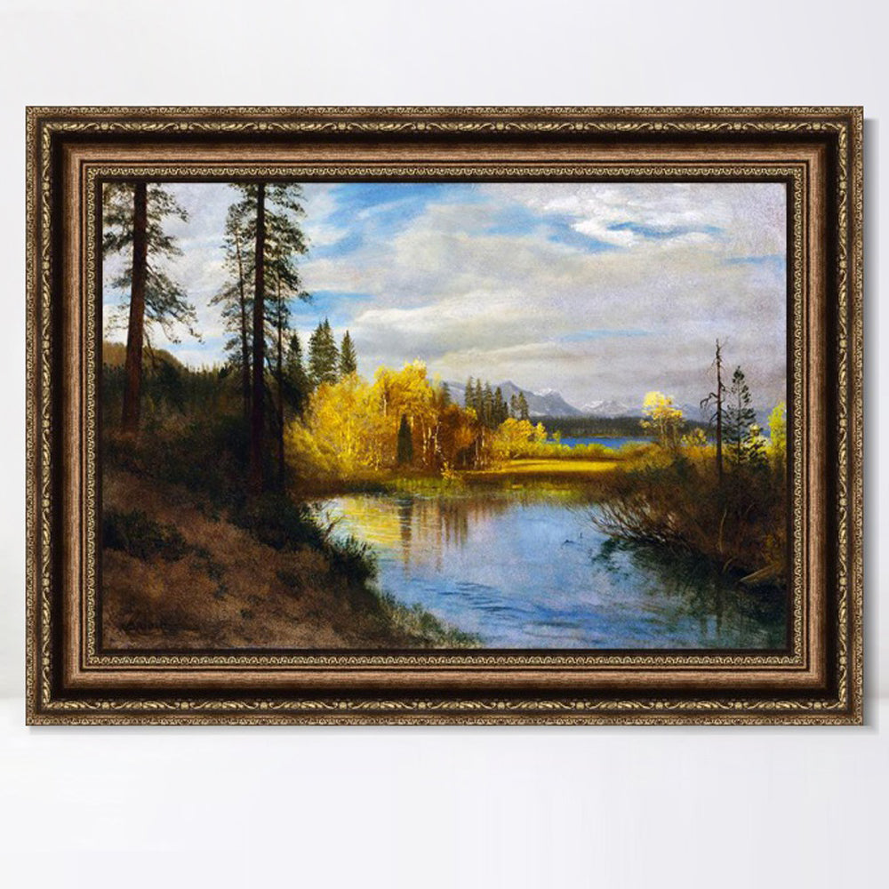 INVIN ART Framed Canvas Art Giclee Print River Quietly Flowing Among Trees and Shrubs by Albert Bierstadt Wall Art (European Retro Golden Frame with Linen Liner,20"x24")