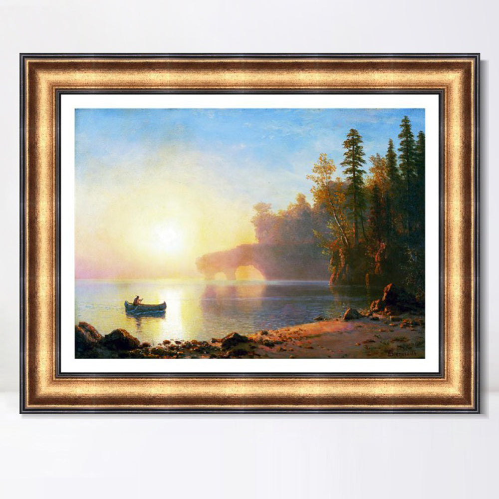 INVIN ART Framed Canvas Art Giclee Print A Boat Landing in The Sunset by Albert Bierstadt Wall Art