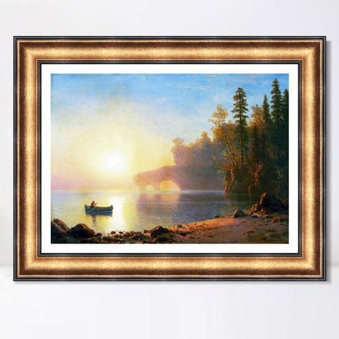 INVIN ART Framed Canvas Art Giclee Print A Boat Landing in The Sunset by Albert Bierstadt Wall Art Living Room Home Office Decorations