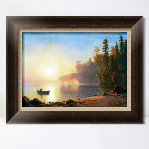 INVIN ART Framed Canvas Art Giclee Print A Boat Landing in The Sunset by Albert Bierstadt Wall Art Living Room Home Office Decorations