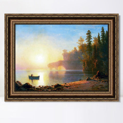 INVIN ART Framed Canvas Art Giclee Print A Boat Landing in The Sunset by Albert Bierstadt Wall Art Living Room Home Office Decorations