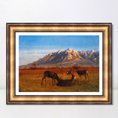 INVIN ART Framed Canvas Art Giclee Print Deer Sipping In The Sunset by Albert Bierstadt Wall Art Living Room Home Office Decorations
