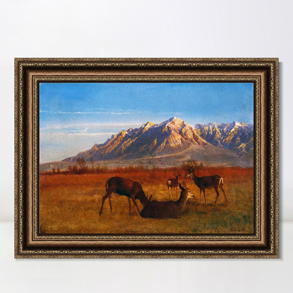 INVIN ART Framed Canvas Art Giclee Print Deer Sipping In The Sunset by Albert Bierstadt Wall Art Living Room Home Office Decorations