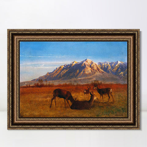 INVIN ART Framed Canvas Art Giclee Print Deer Sipping In The Sunset by Albert Bierstadt Wall Art Living Room Home Office Decorations