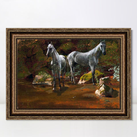 INVIN ART Framed Canvas Art Giclee Print horses crossing the river by Albert Bierstadt Wall Art Living Room Home Office Decorations