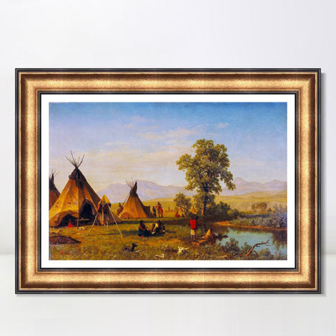 INVIN ART Framed Canvas Art Giclee Print Indian Tribes Camping by Albert Bierstadt Wall Art Living Room Home Office Decorations