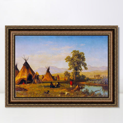 INVIN ART Framed Canvas Art Giclee Print Indian Tribes Camping by Albert Bierstadt Wall Art Living Room Home Office Decorations
