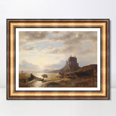 INVIN ART Framed Canvas Art Giclee Print A boat landing in the sunset#2 by Albert Bierstadt Wall Art Living Room Home Office Decorations