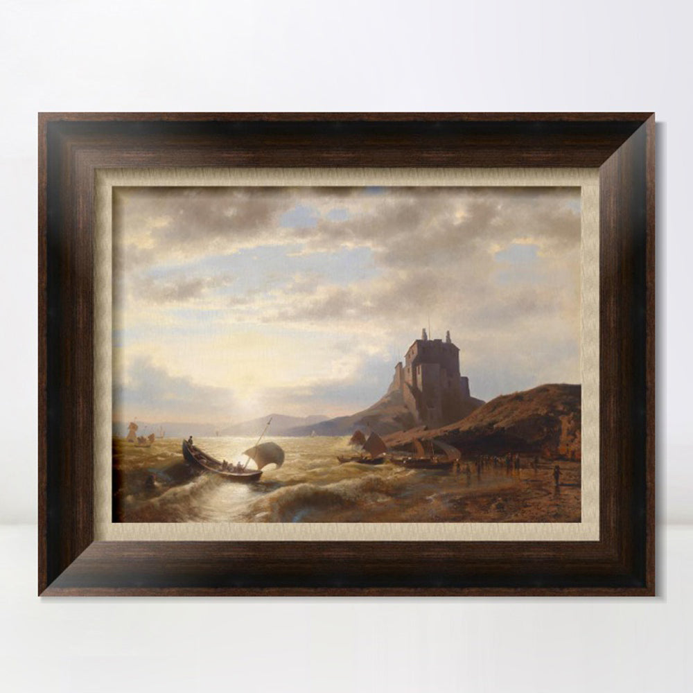 INVIN ART Framed Canvas Art Giclee Print A boat landing in the sunset#2 by Albert Bierstadt Wall Art