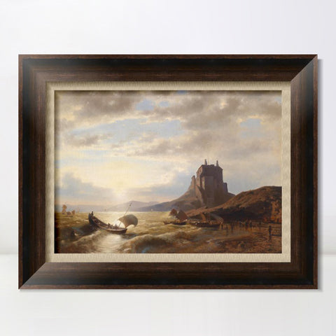 INVIN ART Framed Canvas Art Giclee Print A boat landing in the sunset#2 by Albert Bierstadt Wall Art Living Room Home Office Decorations