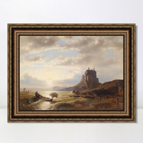 INVIN ART Framed Canvas Art Giclee Print A boat landing in the sunset#2 by Albert Bierstadt Wall Art Living Room Home Office Decorations