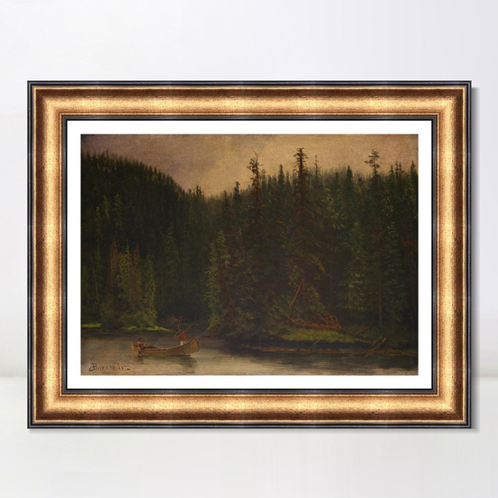 INVIN ART Framed Canvas Art Giclee Print A lonely boat in the quiet lake by Albert Bierstadt Wall Art