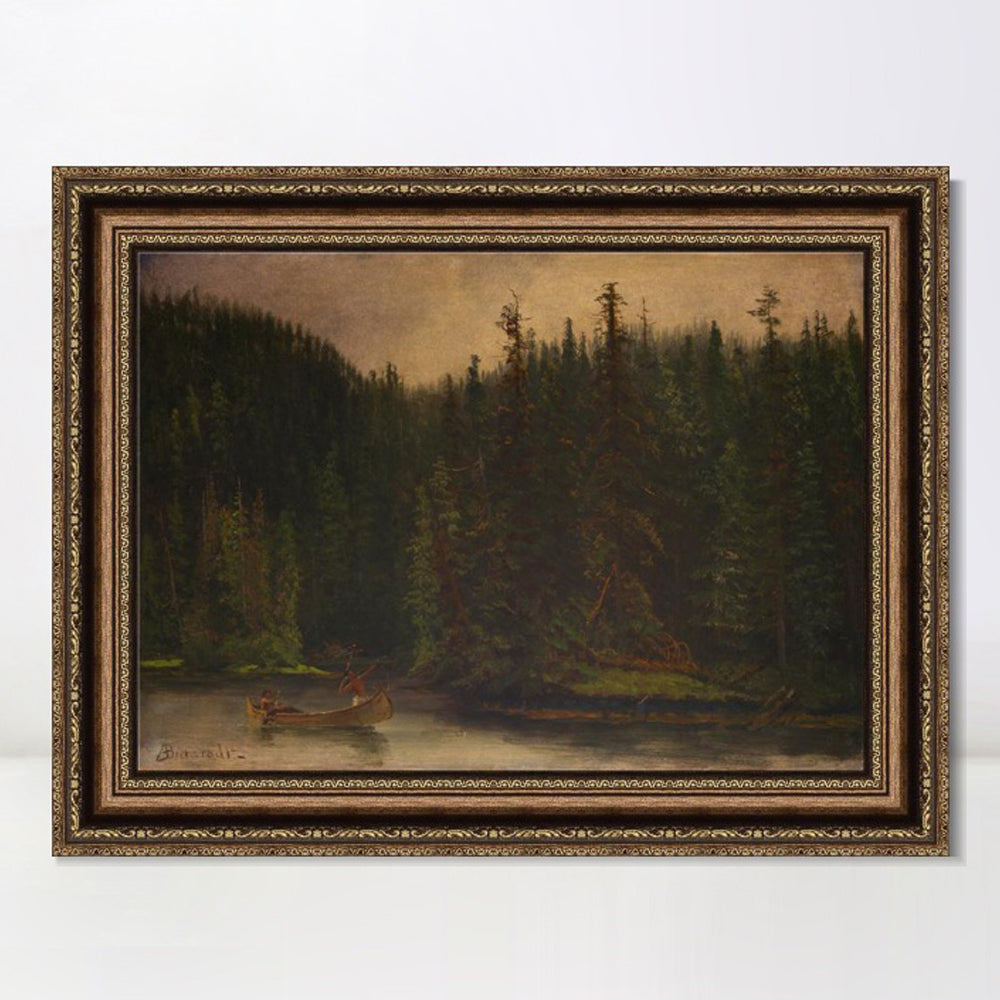 INVIN ART Framed Canvas Art Giclee Print A lonely boat in the quiet lake by Albert Bierstadt Wall Art