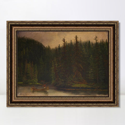 INVIN ART Framed Canvas Art Giclee Print A lonely boat in the quiet lake by Albert Bierstadt Wall Art Living Room Home Office Decorations