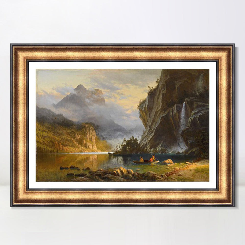 INVIN ART Framed Canvas Art Giclee Print A boat with lake and mountain#2 by Albert Bierstadt Wall Art