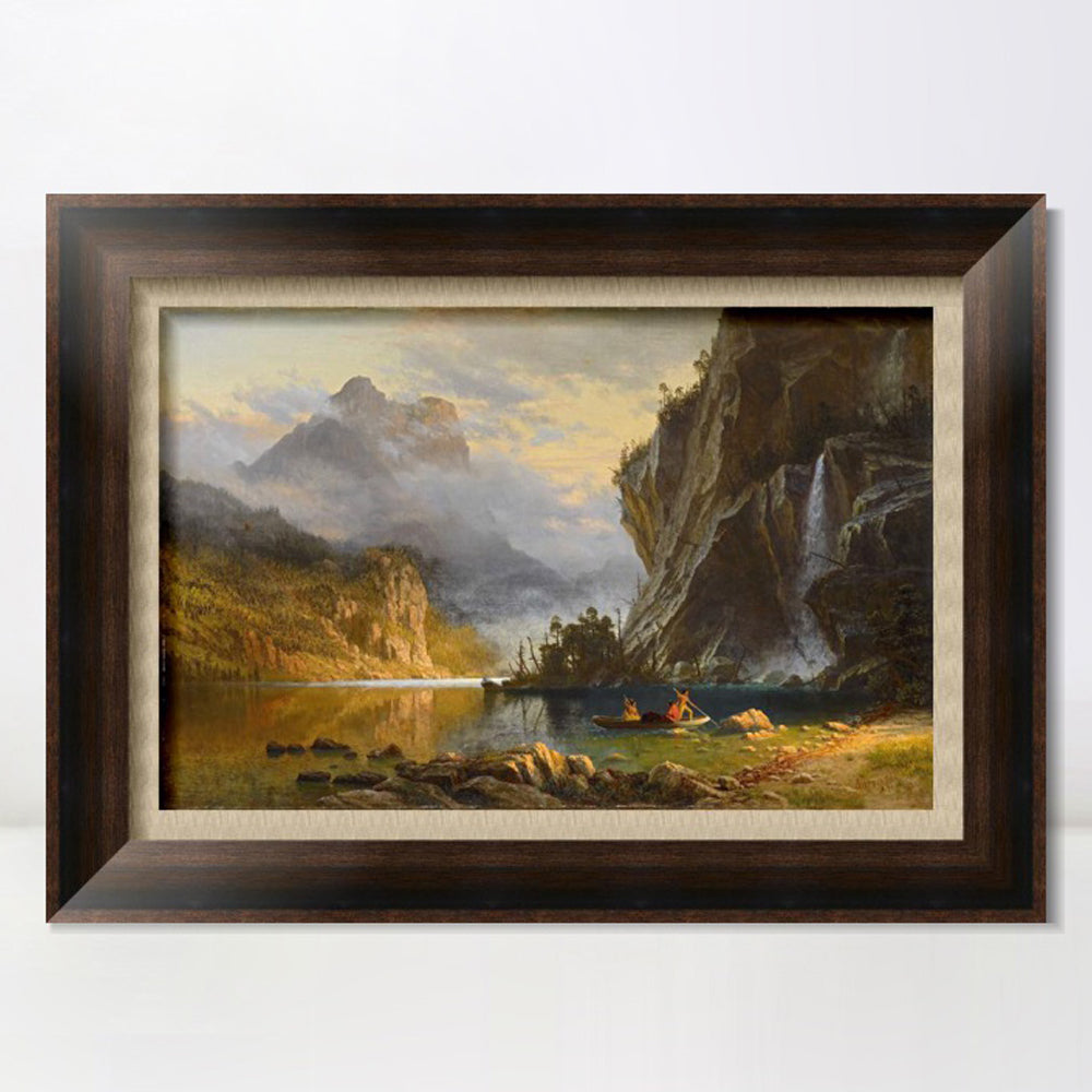 INVIN ART Framed Canvas Art Giclee Print A boat with lake and mountain#2 by Albert Bierstadt Wall Art